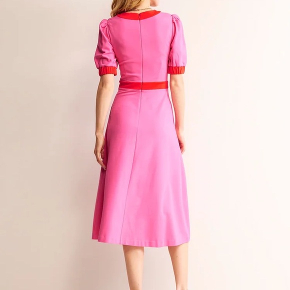 BODEN Petra Puff Sleeve Ponte Midi Dress Sangria Sunset Pink & Red Colorblock - Picture 5 of 15